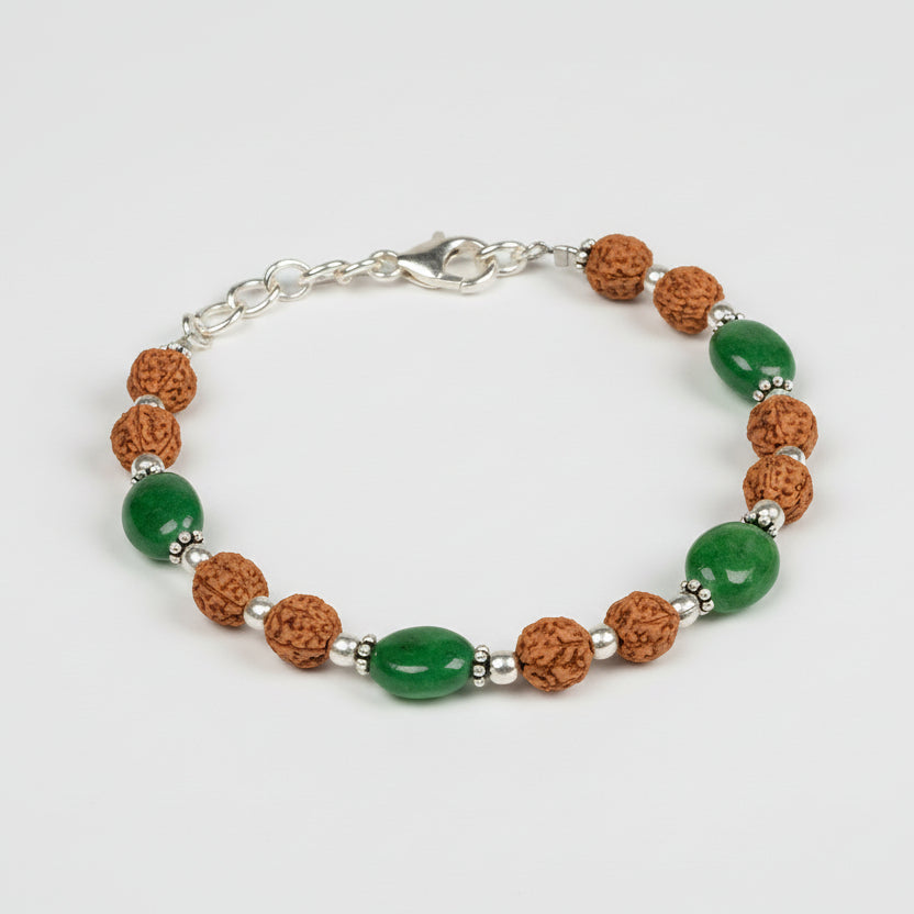 Emerald Oval x 5 Mukhi Rudraksha Silver Bracelet - 10.50 Carat