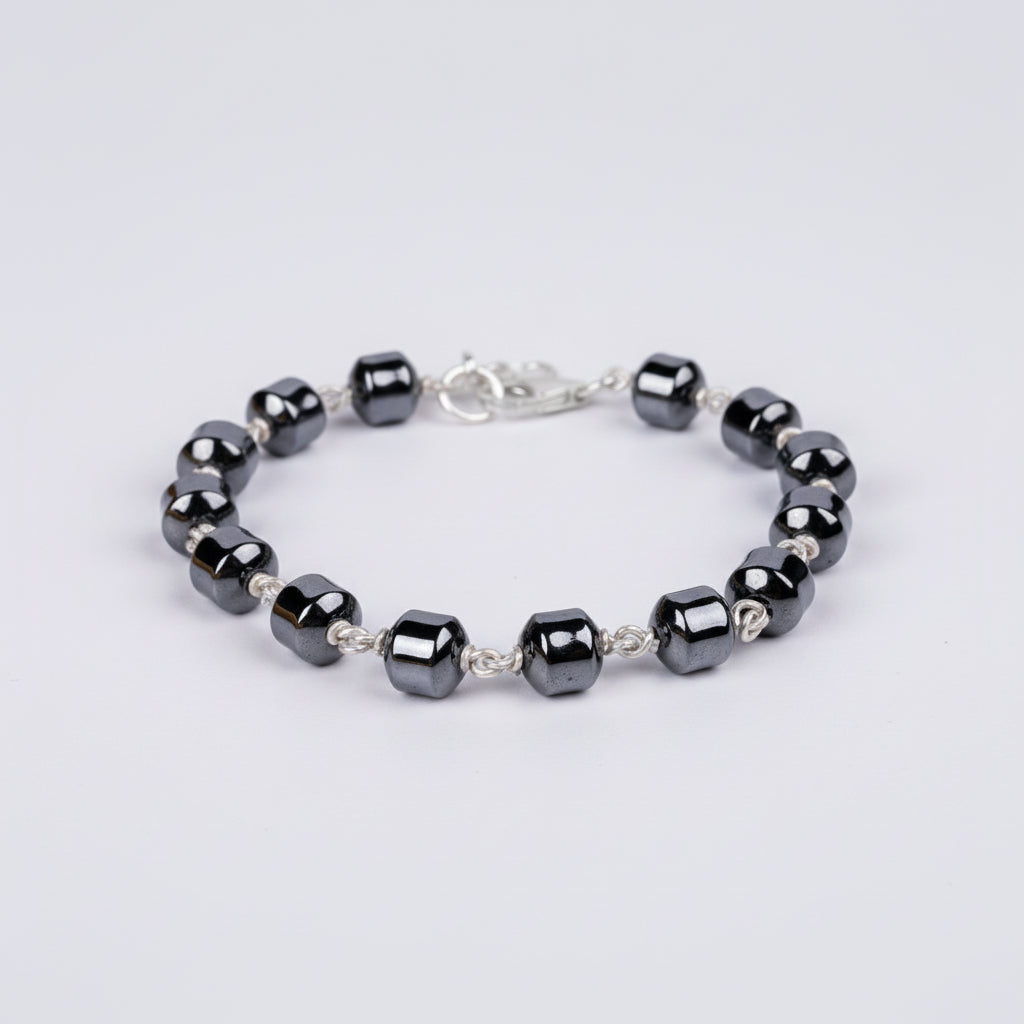 Hematite Cylindrical Beads 925 Silver Wire Bracelet