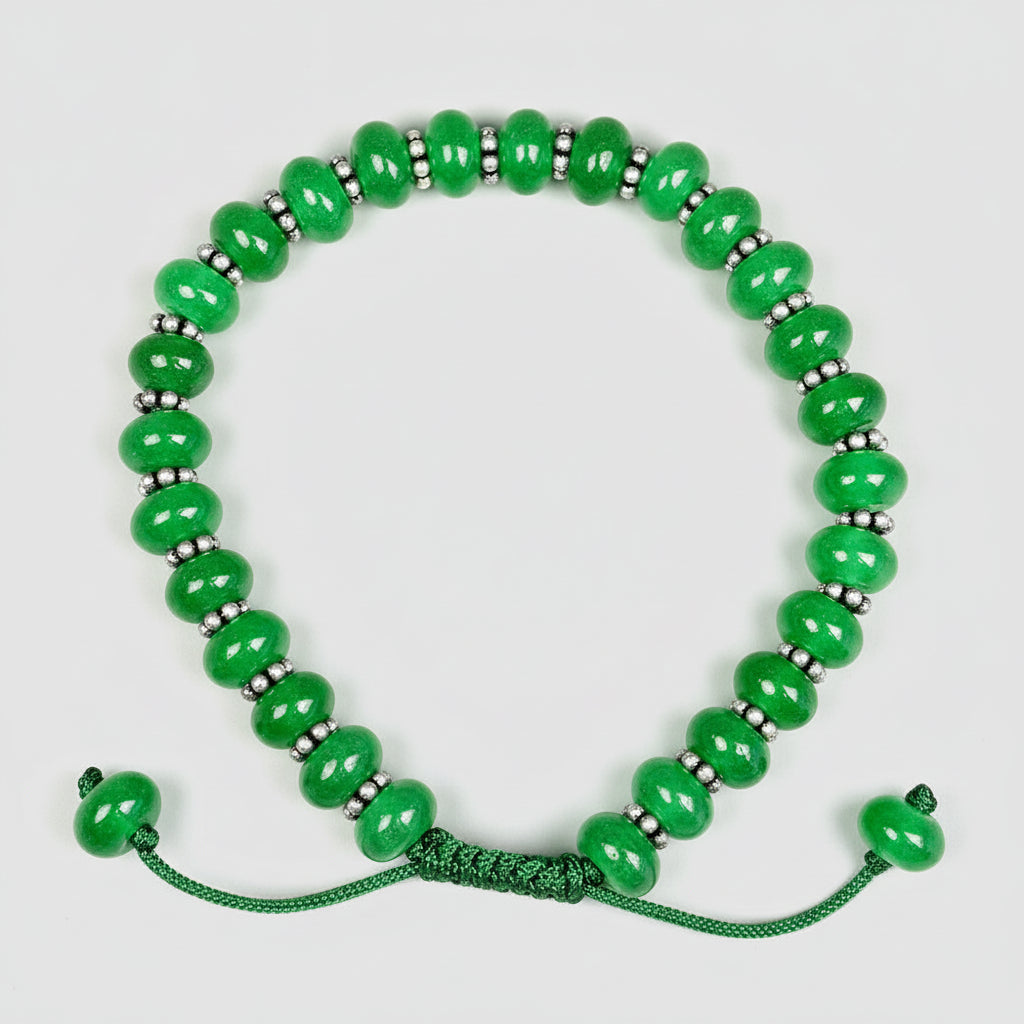 Green Onyx Elliptical Beads German Silver Chakri Adjustable Bracelet