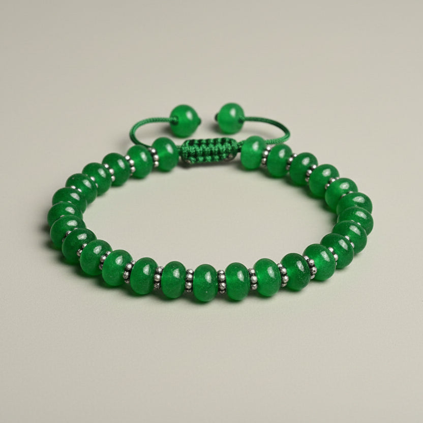 Green Onyx Elliptical Beads German Silver Chakri Adjustable Bracelet