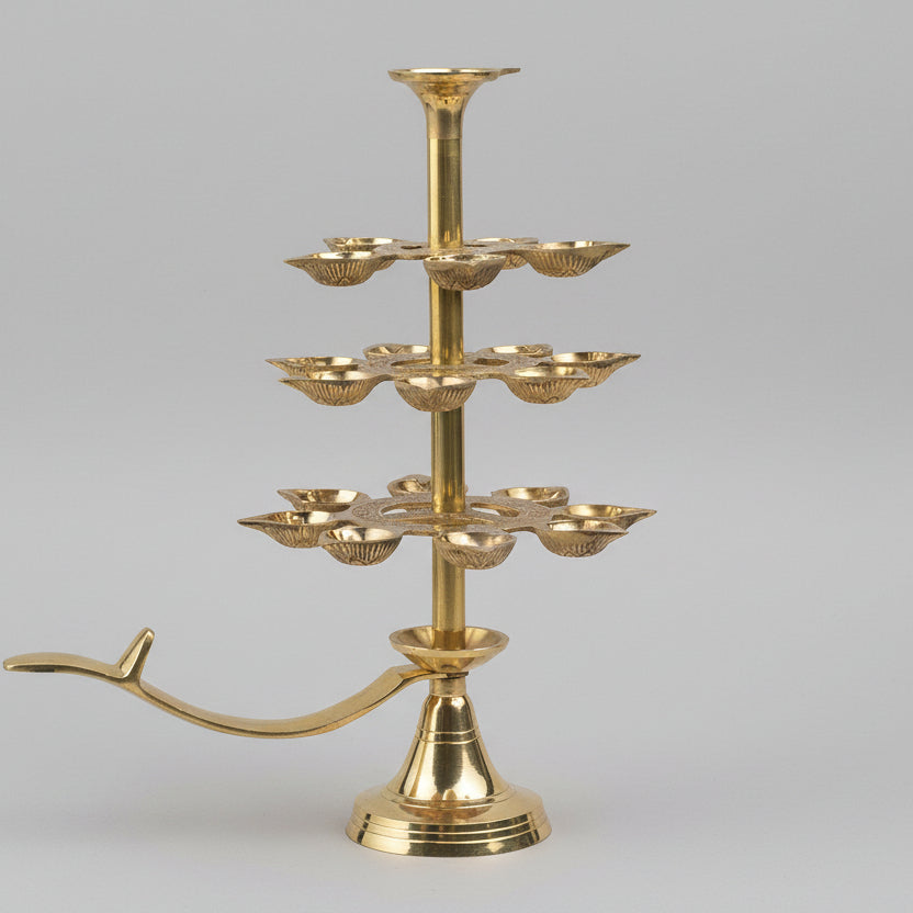 4 Tier Brass Ganga Aarti 21 Diyas Lamp with Handle