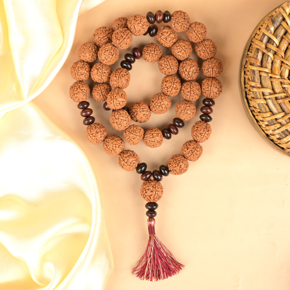 Premium 5 Mukhi & Red Sandal Eliptical Beads Mala-8 mm