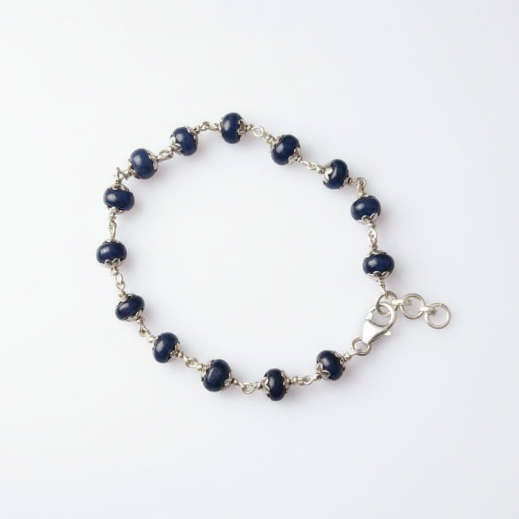 Blue Sapphire Bracelet in Pure Silver Flower Caps (7 mm)