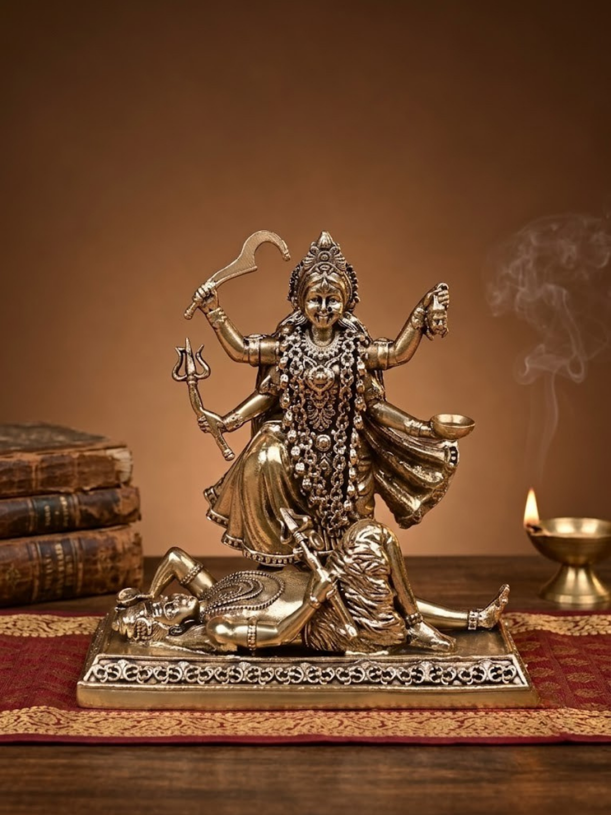 Front view of the Mani Monk Ashtadhatu Kaali Mata idol, styled on a traditional pooja altar with incense and a lit diya.
