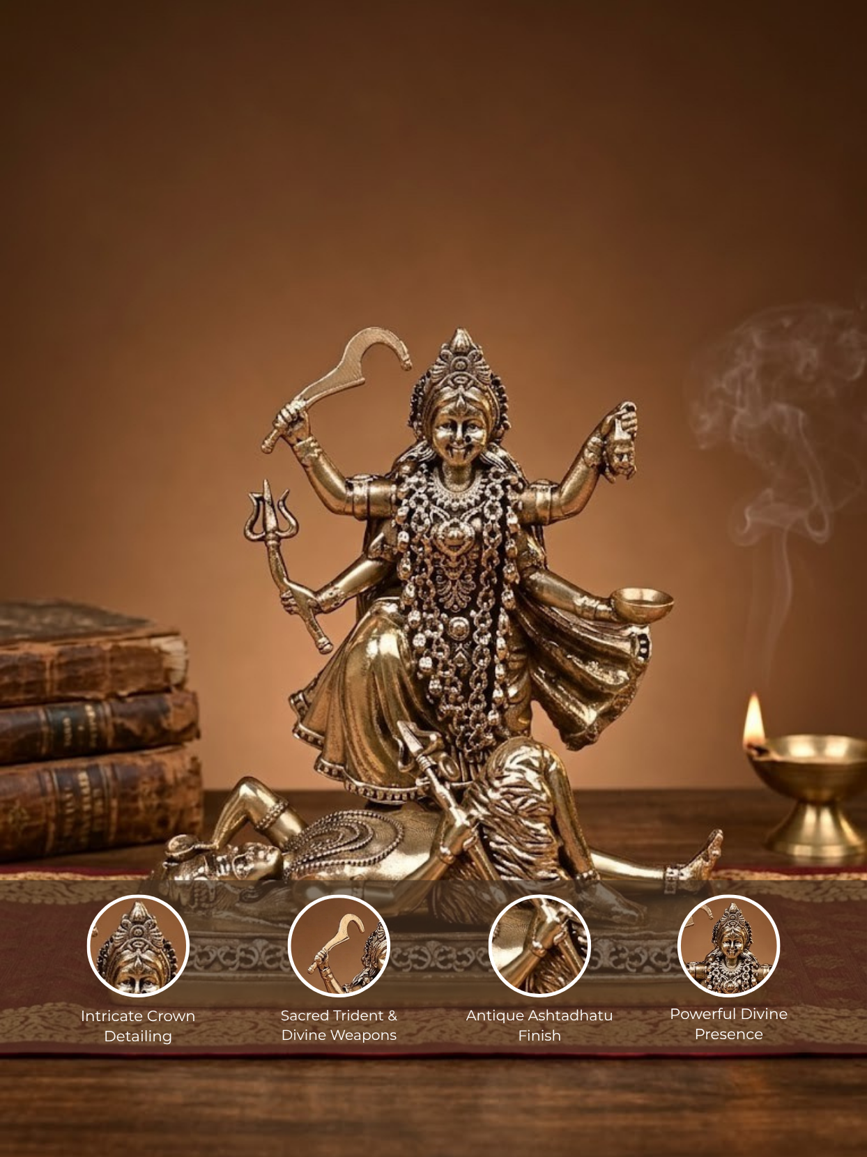 Detailed feature view of the Mani Monk Kaali Mata idol highlighting the intricate sacred detailing, the divine fierce form, and antique Ashtadhatu finish.