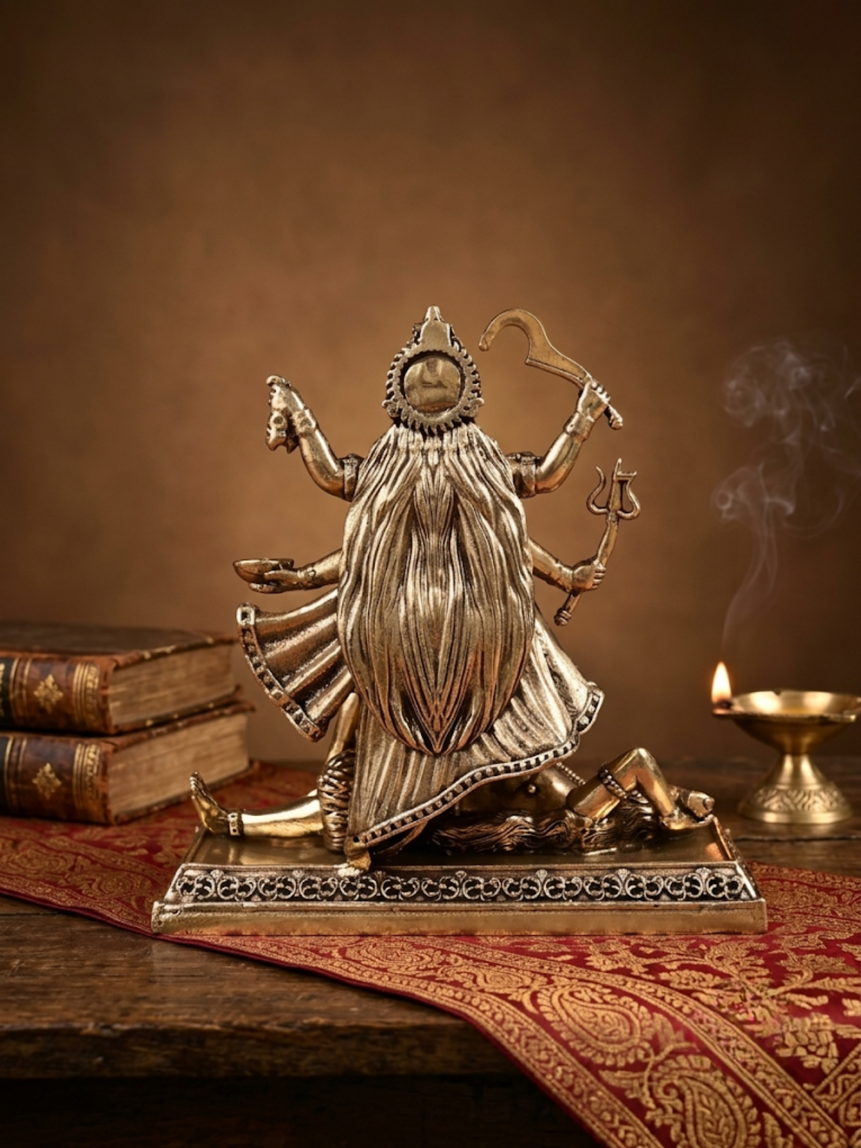 Back angle of the traditional Ashtadhatu Kaali Mata statue, displaying the detailed rear metal craftsmanship and dynamic standing posture.