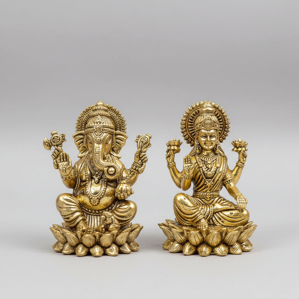 Kamal Ganesh Lakshmi Ashtadhatu Idols Set Energised Lotus Ganesha Lakshmi Murti for Diwali Puja