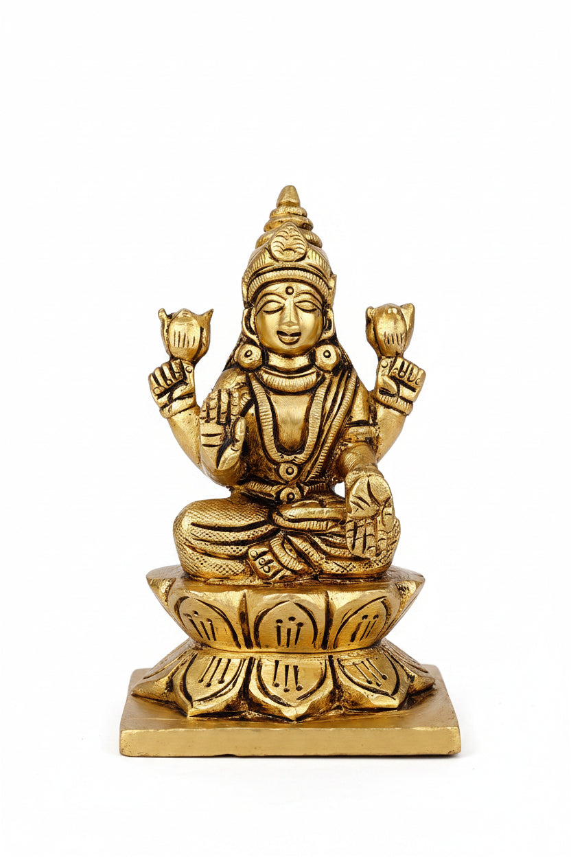 Kamal Lakshmi Brass Idol 3.5 Inch Handcrafted Lotus Seated Goddess Lakshmi Murti for Home Temple and Diwali Gifting