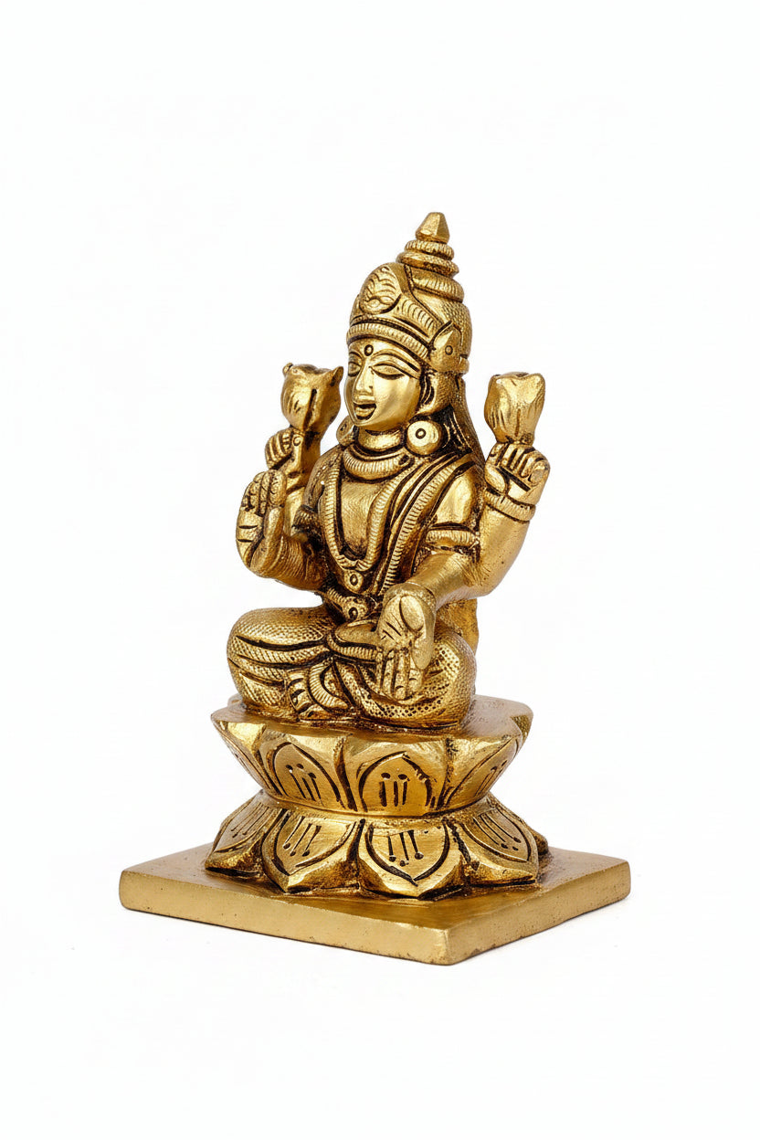 Kamal Lakshmi Brass Idol 3.5 Inch Handcrafted Lotus Seated Goddess Lakshmi Murti for Home Temple and Diwali Gifting