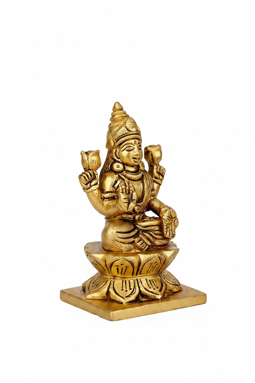 Kamal Lakshmi Brass Idol 3.5 Inch Handcrafted Lotus Seated Goddess Lakshmi Murti for Home Temple and Diwali Gifting