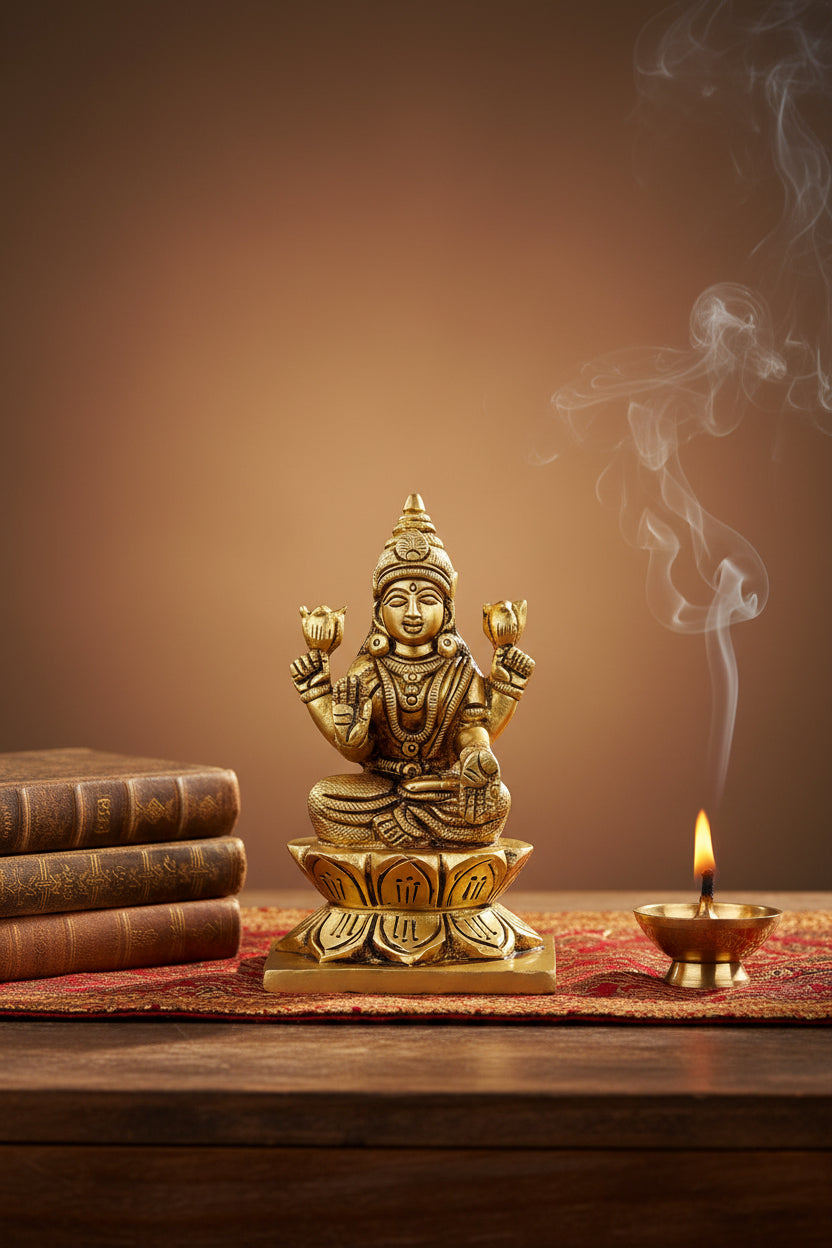 Kamal Lakshmi Brass Idol 3.5 Inch Handcrafted Lotus Seated Goddess Lakshmi Murti for Home Temple and Diwali Gifting