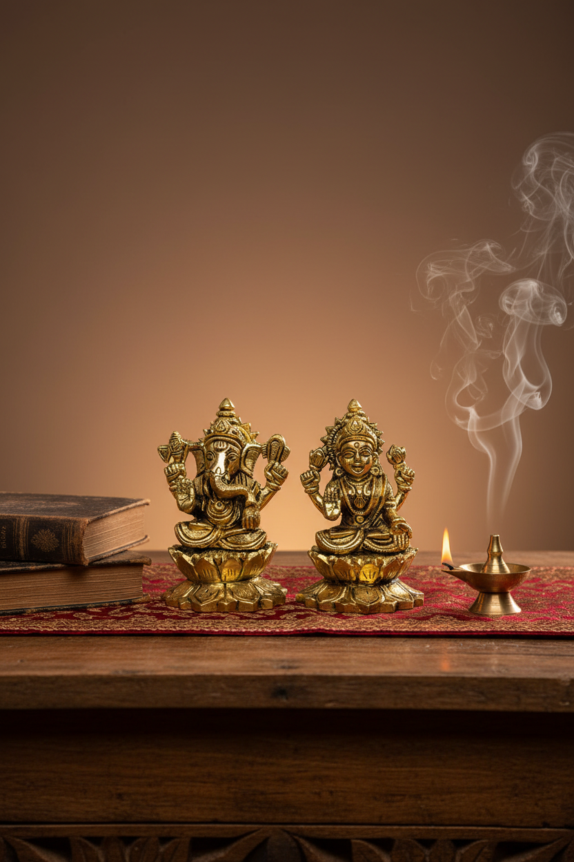 Kamal Lakshmi Ganesh Brass Idol Set Pure Brass Handcrafted Statue for Home Temple