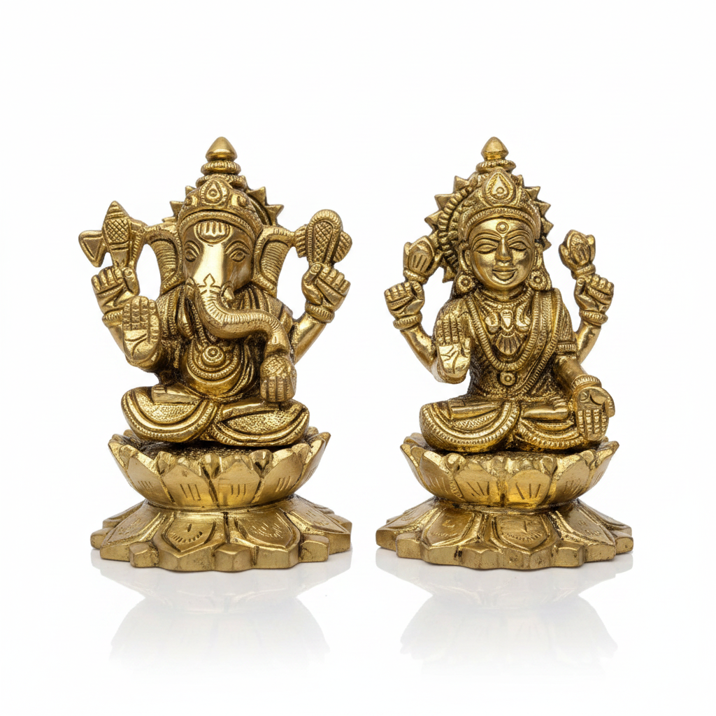 Kamal Lakshmi Ganesh Brass Idol Set Pure Brass Handcrafted Statue for Home Temple