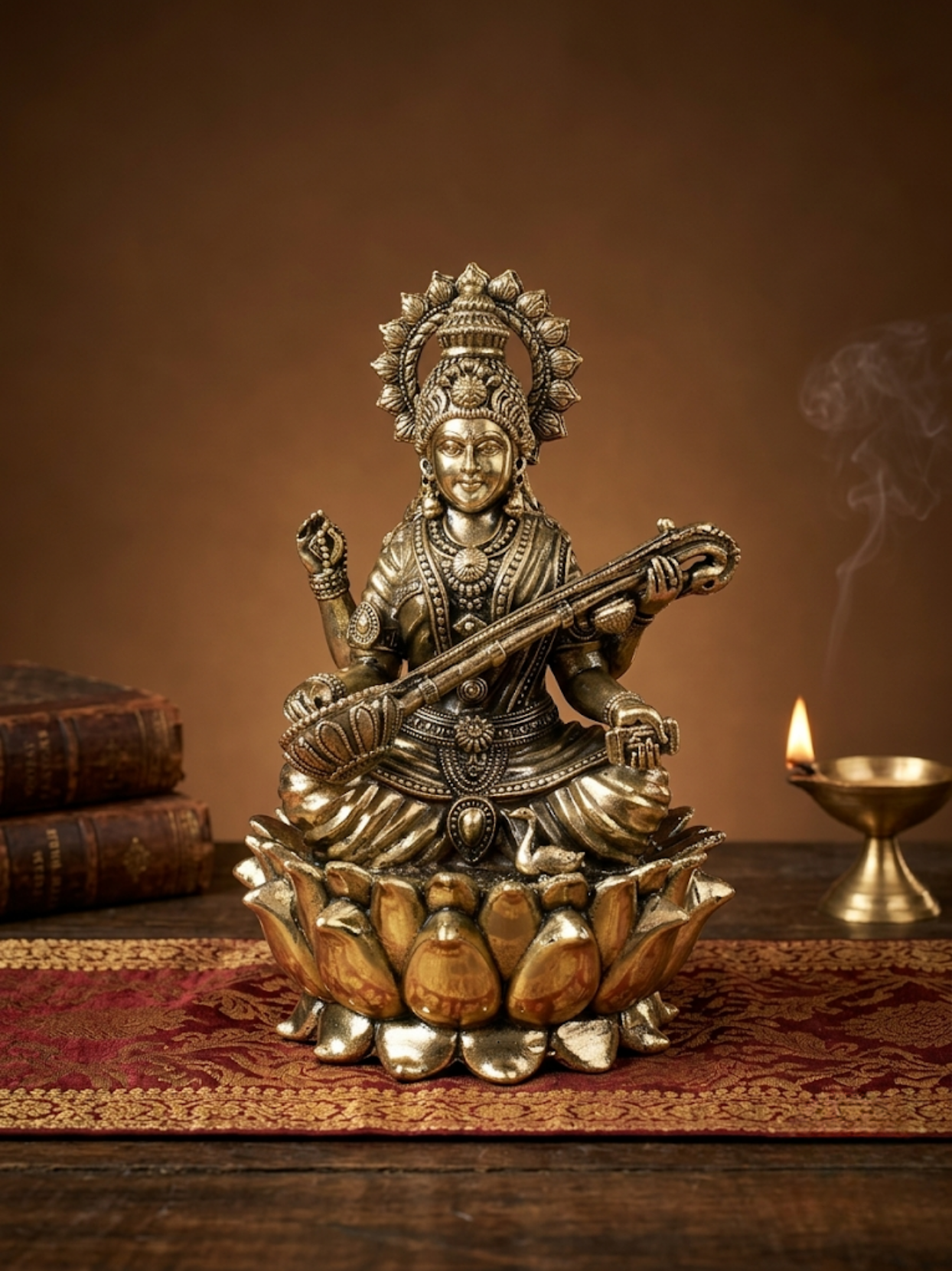 A brass statue of a Hindu goddess seated on a lotus, playing a stringed instrument, displayed on a wooden surface with a patterned runner, a lit diya, and stacked books in the background.