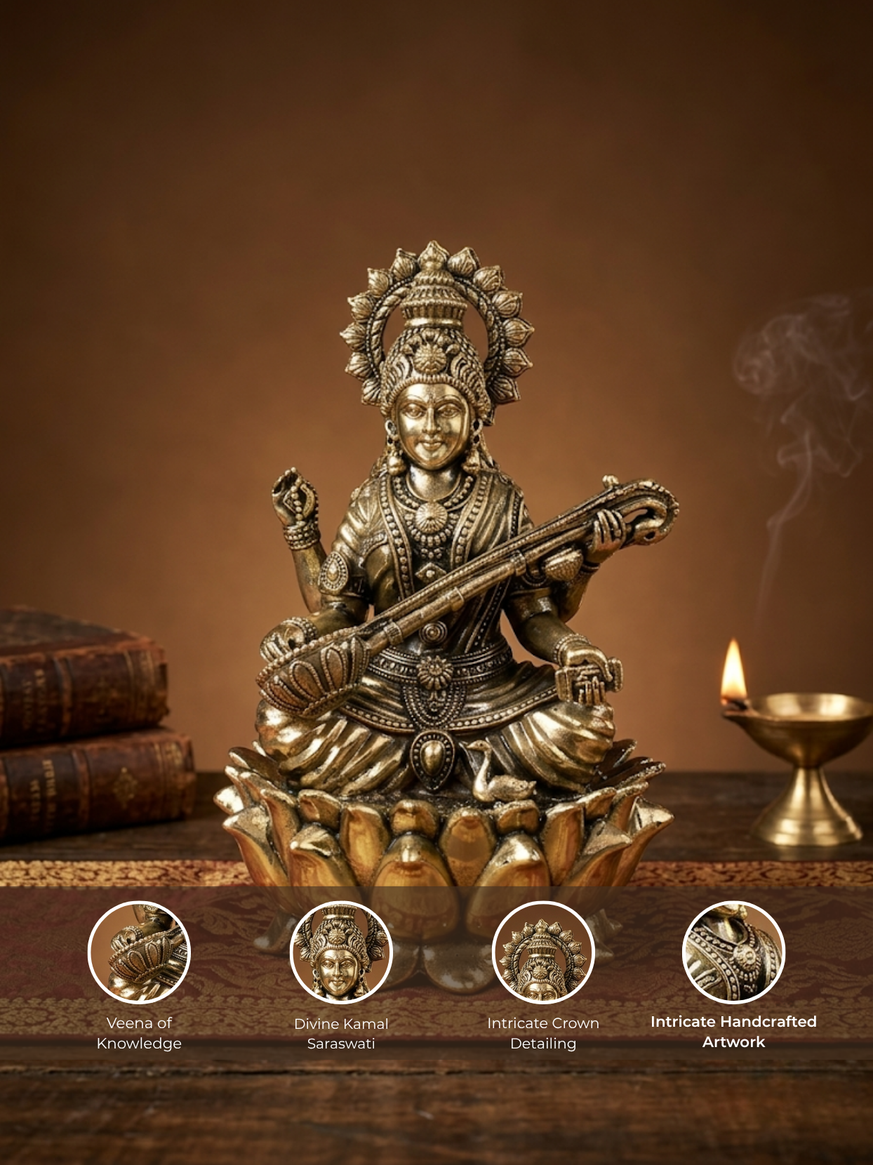An ornate bronze-toned statue of a seated Hindu deity on a lotus base, displayed on a wooden surface with books and a lit oil lamp in a warm brown setting. Four circular detail insets along the bottom highlight craftsmanship.