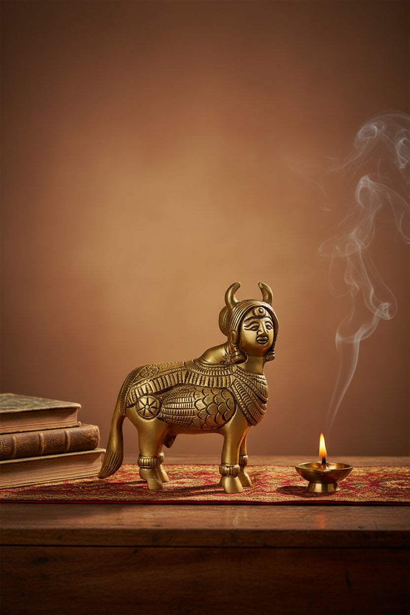 Kamdhenu Cow Brass Idol 4 Inch Heavy Statue for Home Temple Puja