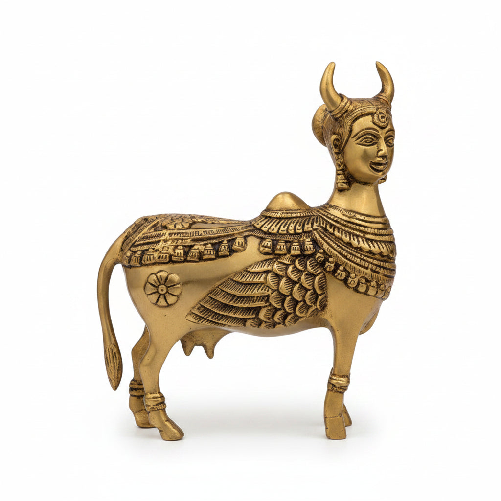 Kamdhenu Cow Brass Idol 7.75 Inch Handcrafted Kamadhenu Murti for Pooja and Home Decor