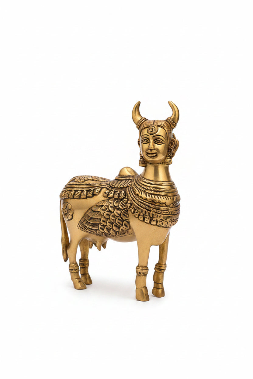 Kamdhenu Cow Brass Idol 7.75 Inch Handcrafted Kamadhenu Murti for Pooja and Home Decor