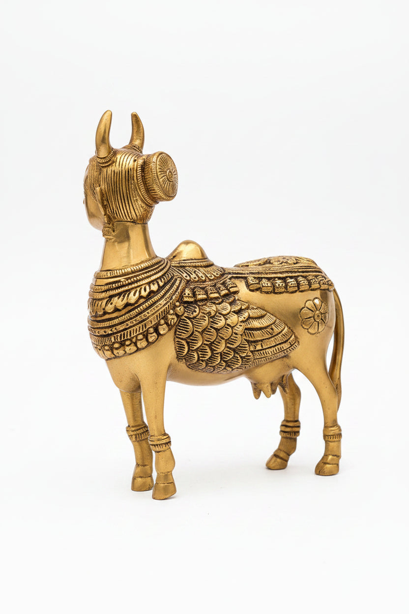 Kamdhenu Cow Brass Idol 7.75 Inch Handcrafted Kamadhenu Murti for Pooja and Home Decor
