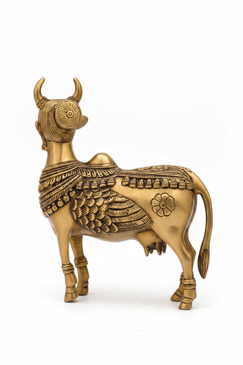 Kamdhenu Cow Brass Idol 7.75 Inch Handcrafted Kamadhenu Murti for Pooja and Home Decor