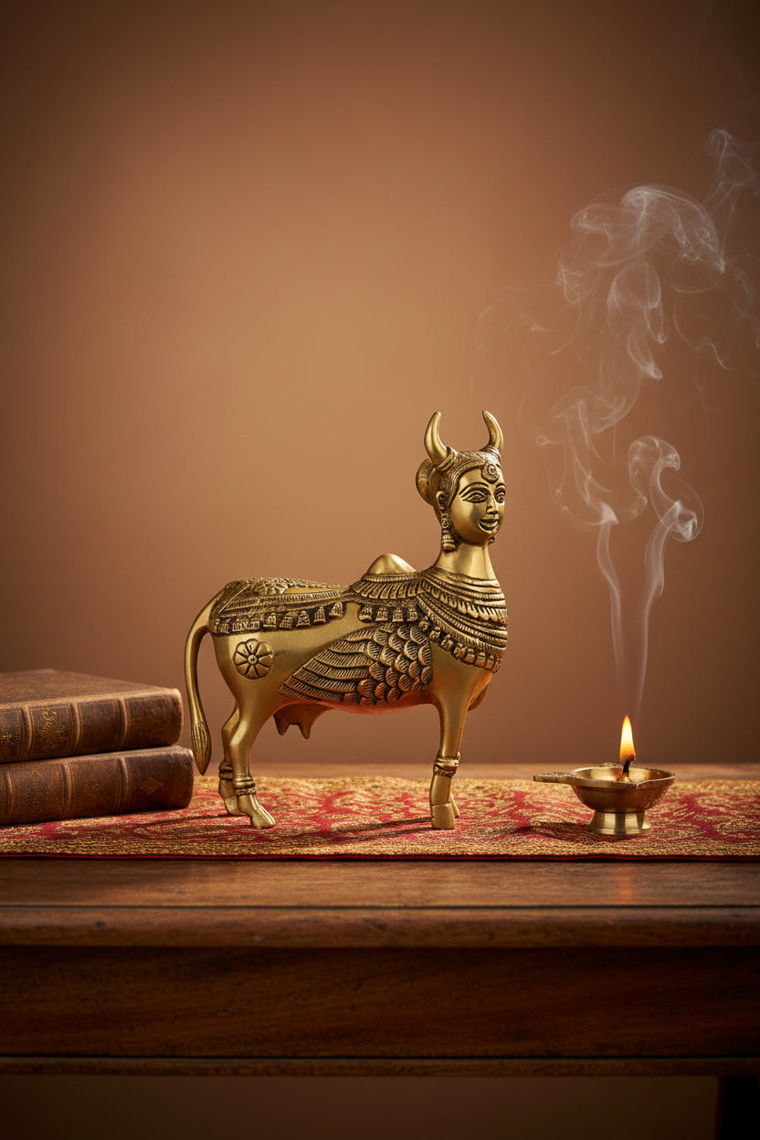 Kamdhenu Cow Brass Idol 7.75 Inch Handcrafted Kamadhenu Murti for Pooja and Home Decor