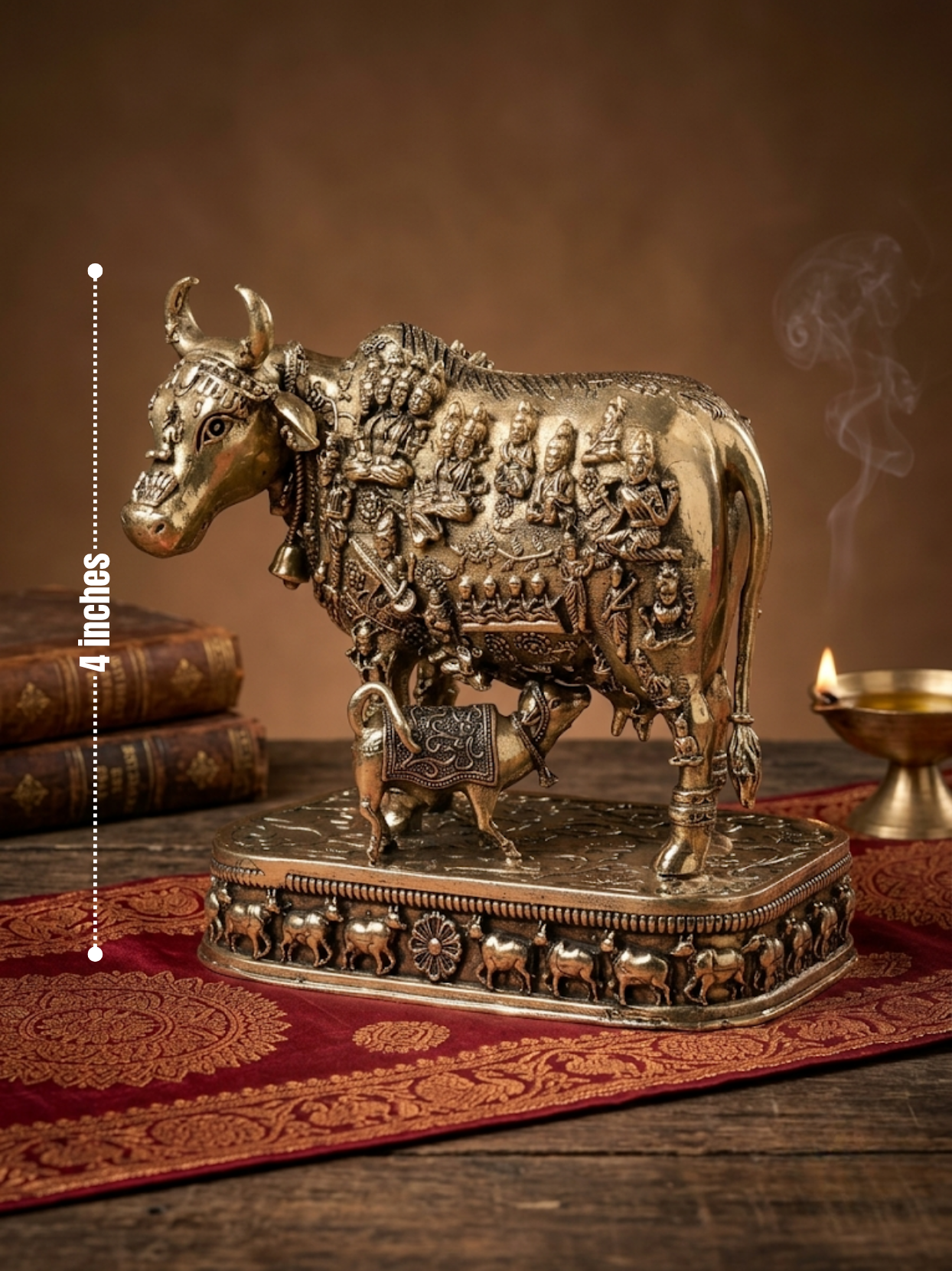 Dimensions scale view of the 8-metal Ashtadhatu Kamdhenu Cow with 33 Koti Devta murti, perfectly sized for home mandir decor and spiritual worship