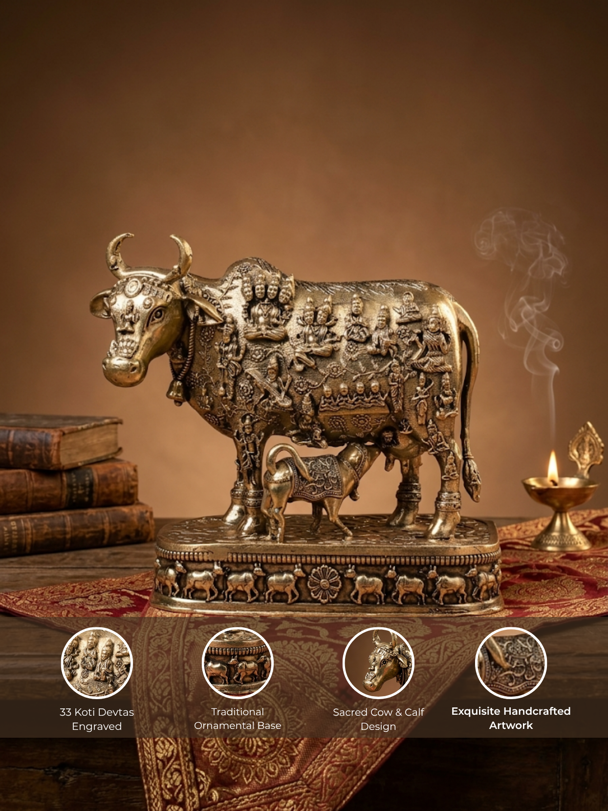 Detailed feature view of the Mani Monk Kamdhenu Cow idol highlighting the intricate sacred detailing, the depictions of the 33 Koti deities, and antique Ashtadhatu finish