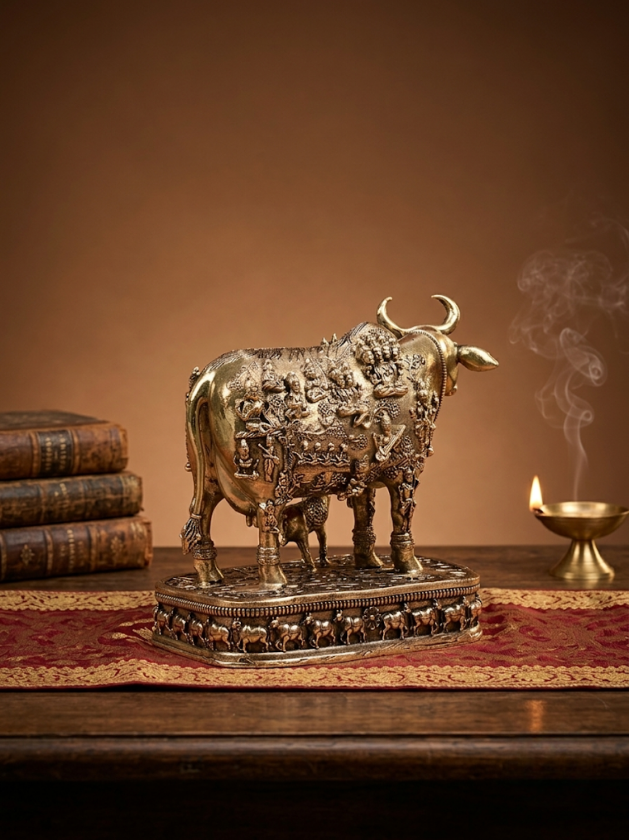 Back angle of the traditional Ashtadhatu Kamdhenu Cow with 33 Koti Devta statue, displaying the detailed rear metal craftsmanship and divine standing posture