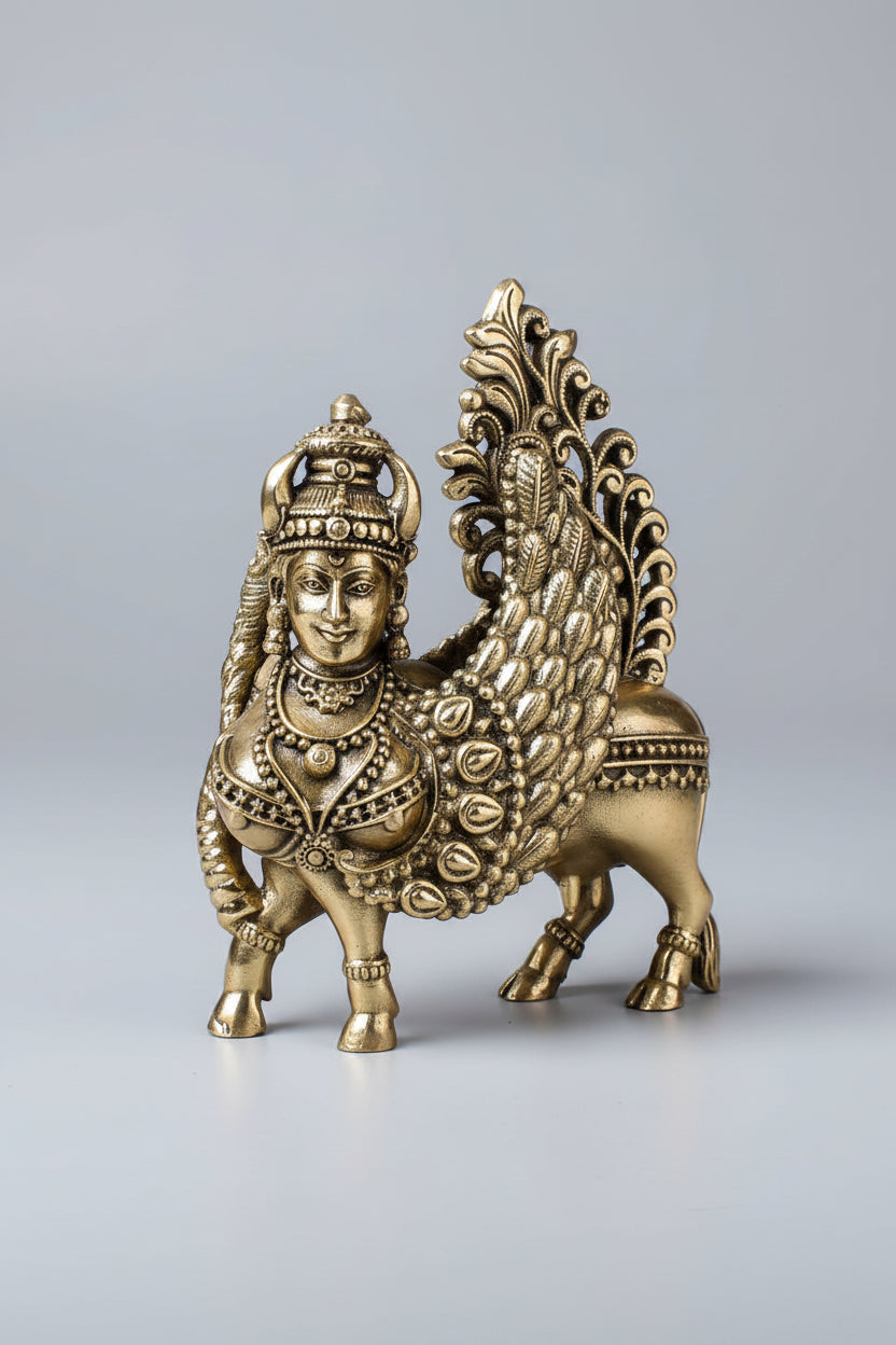 Decorative brass statue of a lion with intricate designs on a red curtain background