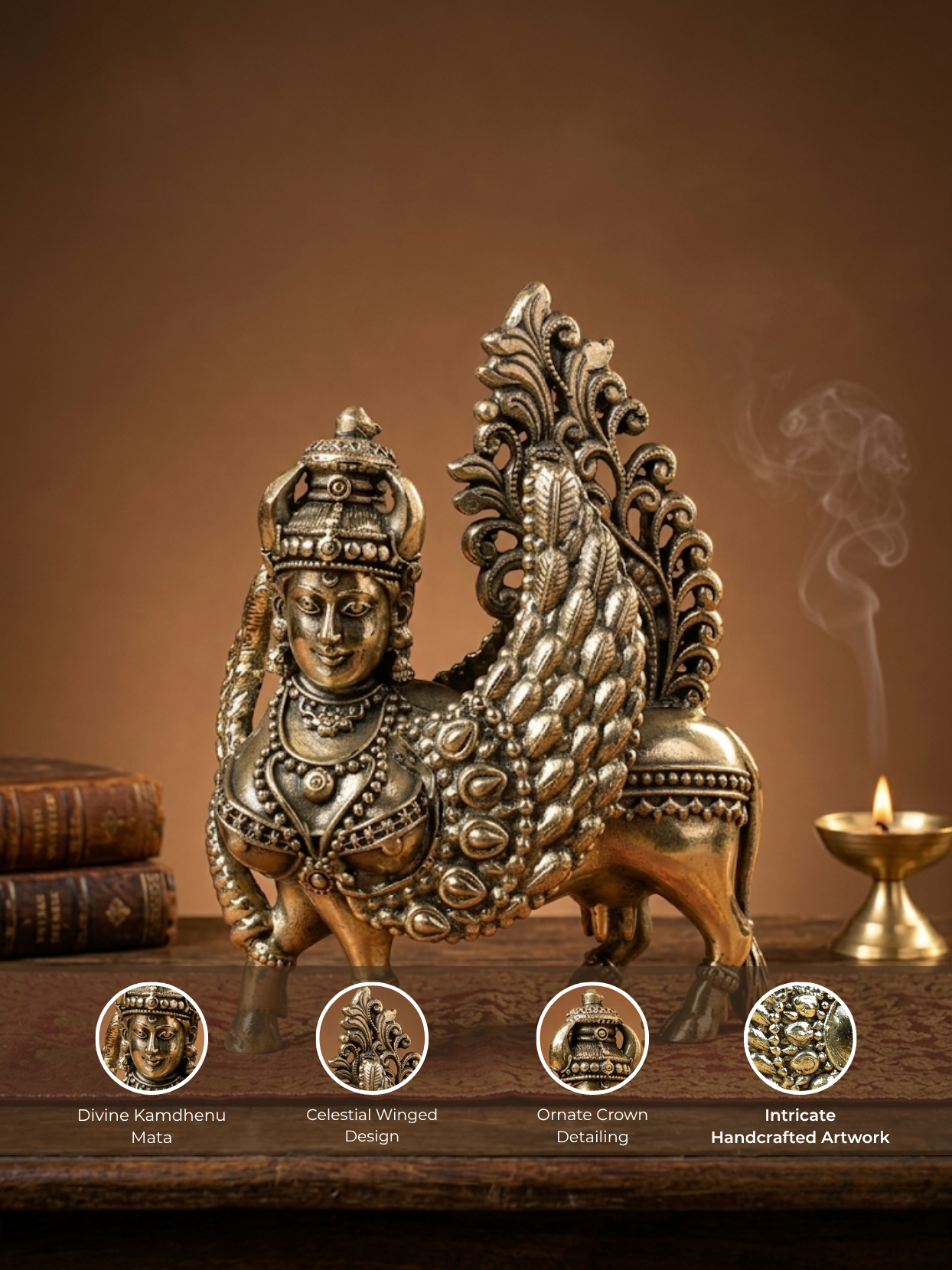 A decorative brass Lord Shiva Nataraja statue with a peacock back, displayed on a wooden surface with a burning brass lamp and stacked books in the background. Four circular detail callouts are shown along the bottom.