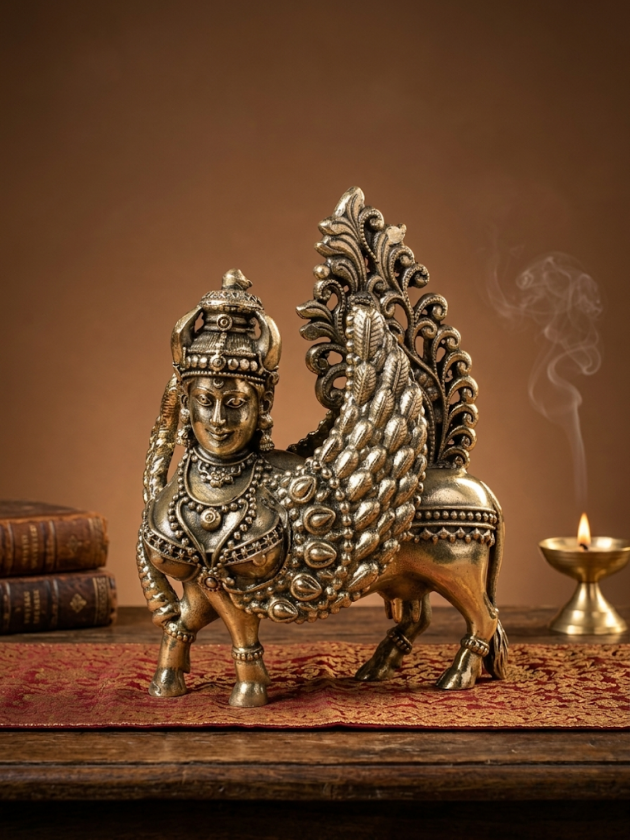 An ornate metallic brass-like statue of a winged horse or lion hybrid, displayed on a patterned red runner on a wooden surface with a warm brown background, books on the left, and a small lit lamp on the right.