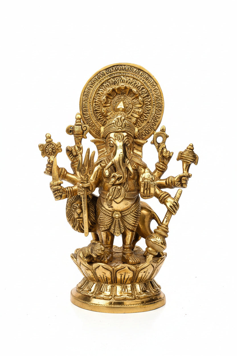 Kan Drishti Ashtabhuja Ganesh Brass Murti 9 Inch Handcrafted Eight Armed Ganesha Idol for Home Puja and Temple