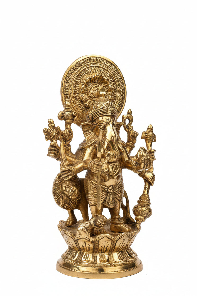 Kan Drishti Ashtabhuja Ganesh Brass Murti 9 Inch Handcrafted Eight Armed Ganesha Idol for Home Puja and Temple