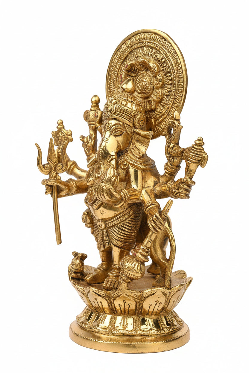 Kan Drishti Ashtabhuja Ganesh Brass Murti 9 Inch Handcrafted Eight Armed Ganesha Idol for Home Puja and Temple