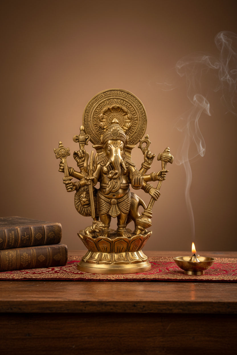 Kan Drishti Ashtabhuja Ganesh Brass Murti 9 Inch Handcrafted Eight Armed Ganesha Idol for Home Puja and Temple