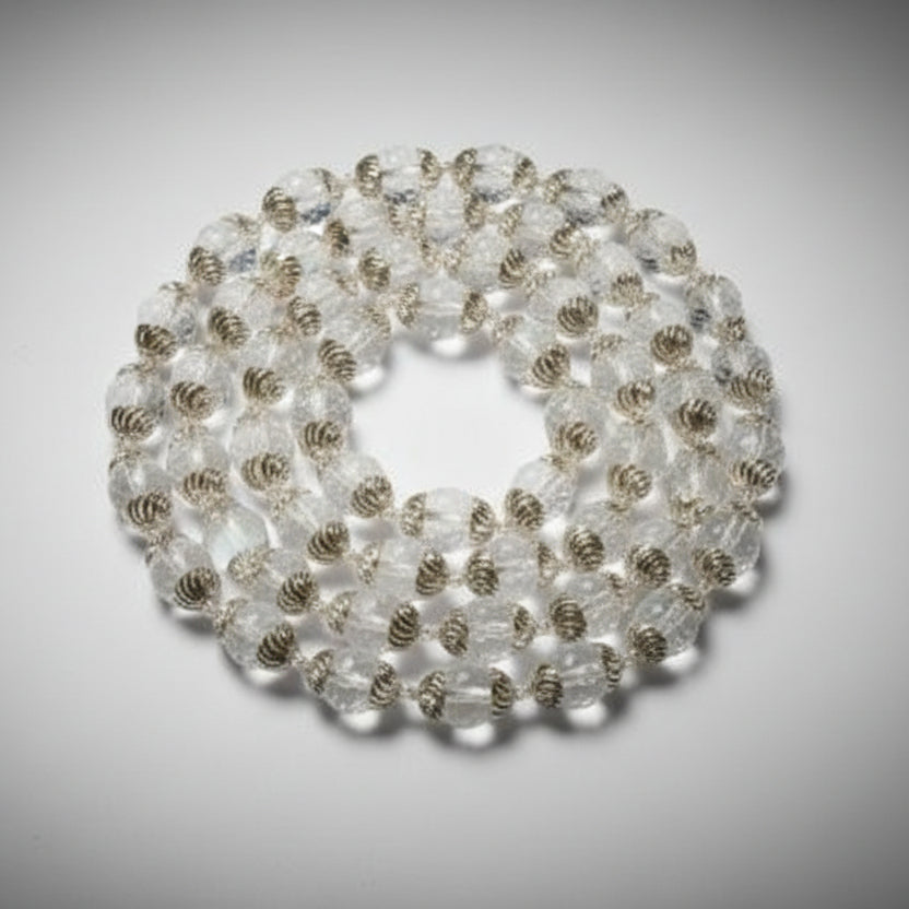 Sphatik Diamond Cut Mala in Silver with Self Design Caps-8 mm