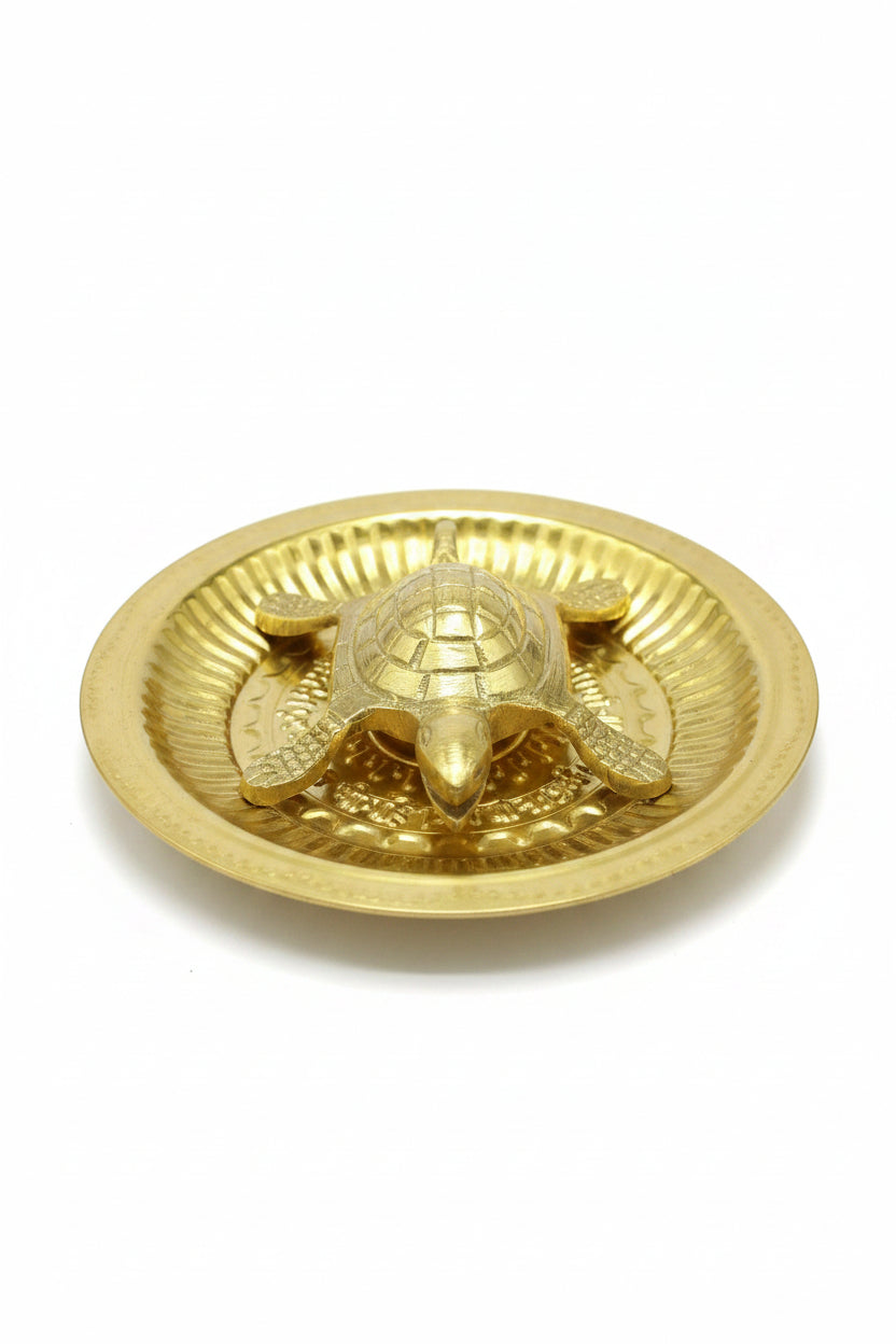 Kurma Avatar Brass Statue with Brass Plate 4 Inch Compact Handcrafted Sacred Vastu Tortoise Set for Home Office and Gifting