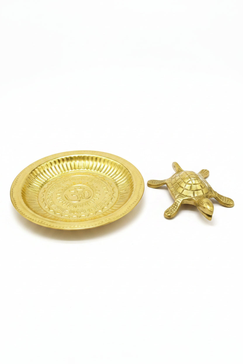 Kurma Avatar Brass Statue with Brass Plate 4 Inch Compact Handcrafted Sacred Vastu Tortoise Set for Home Office and Gifting