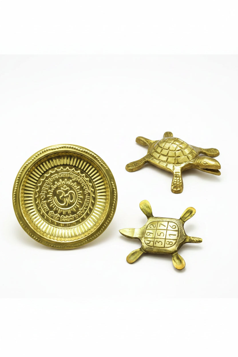 Kurma Avatar Brass Statue with Brass Plate 4 Inch Compact Handcrafted Sacred Vastu Tortoise Set for Home Office and Gifting