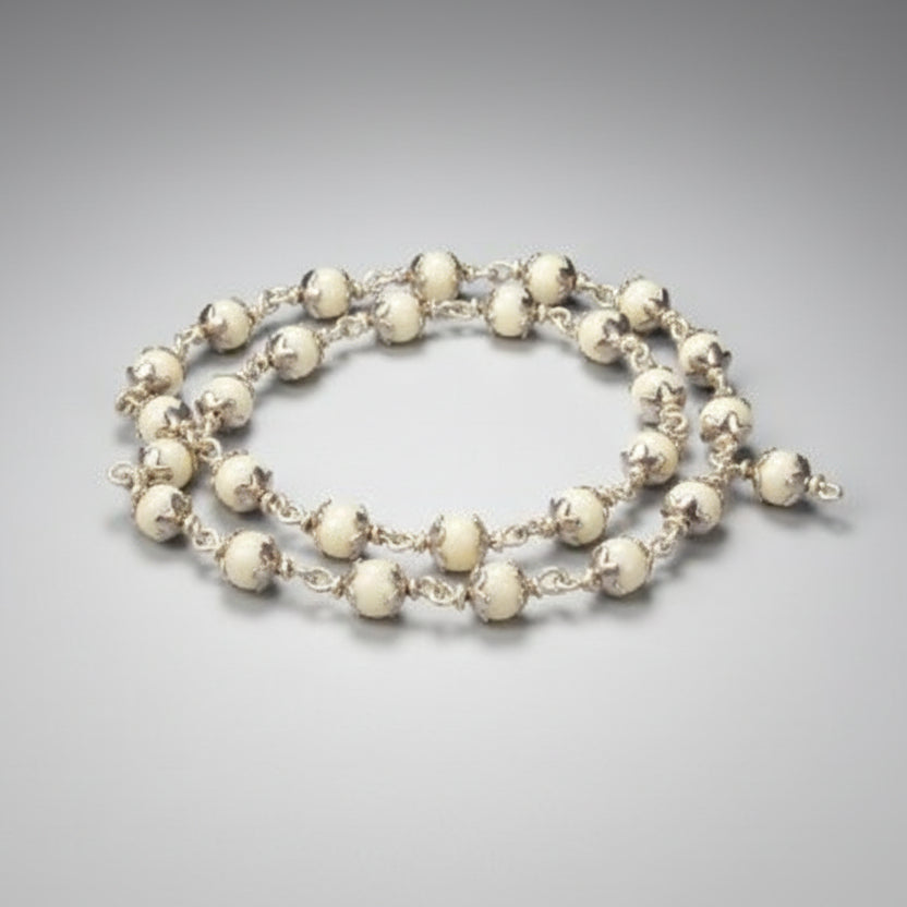 White Coral Mala in Pure Silver Flower Caps (5 mm)-54+1 Beads