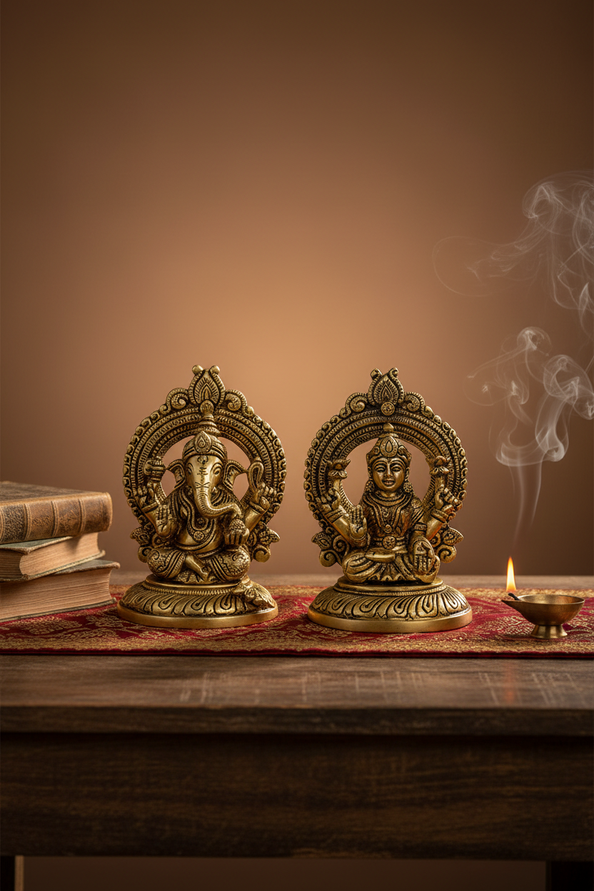 Lakshmi Ganesh Brass Statue | 5.8 Inch Handcrafted Idol Set - ManiMonk