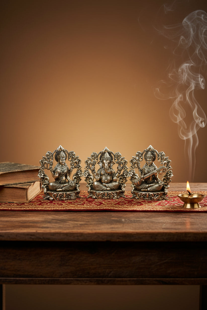 Lakshmi Ganesh Saraswati Floral Frame Ashtadhatu Idols Set 