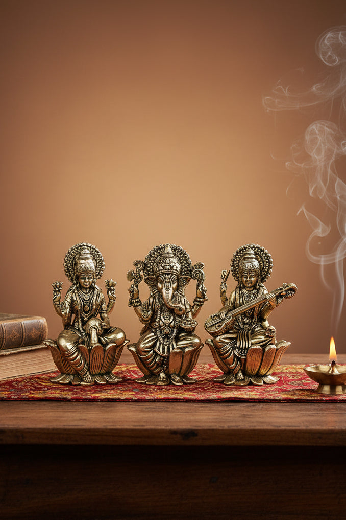 Lakshmi Ganesh Saraswati on Lotus Ashtadhatu Idols Set