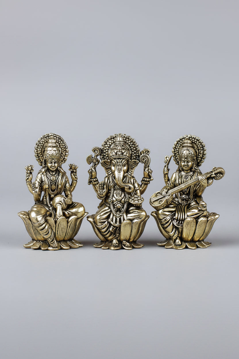 Lakshmi Ganesh Saraswati on Lotus Ashtadhatu Idols Set Energised Trio Murti