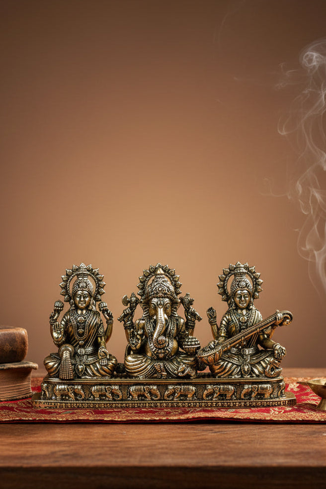  Lakshmi Ganesh Saraswati on Pedestal Ashtadhatu Idol