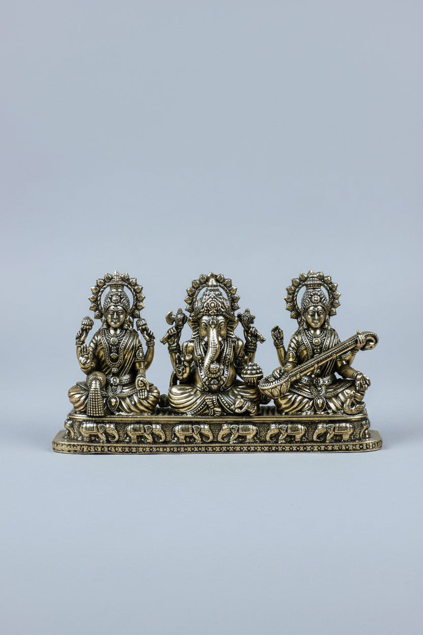 Lakshmi Ganesh Saraswati on Pedestal Ashtadhatu Idol - Energised Divine Trio Murti