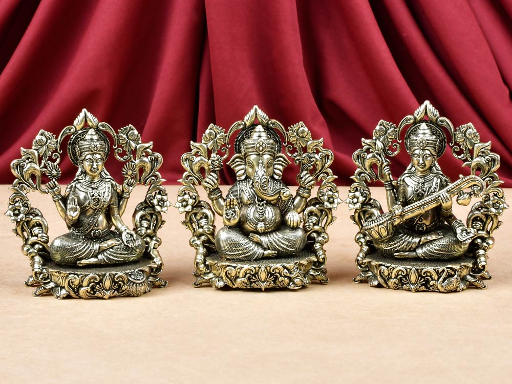 Lakshmi Ganesh Saraswati with Floral Frame Ashtadhatu Idols Set