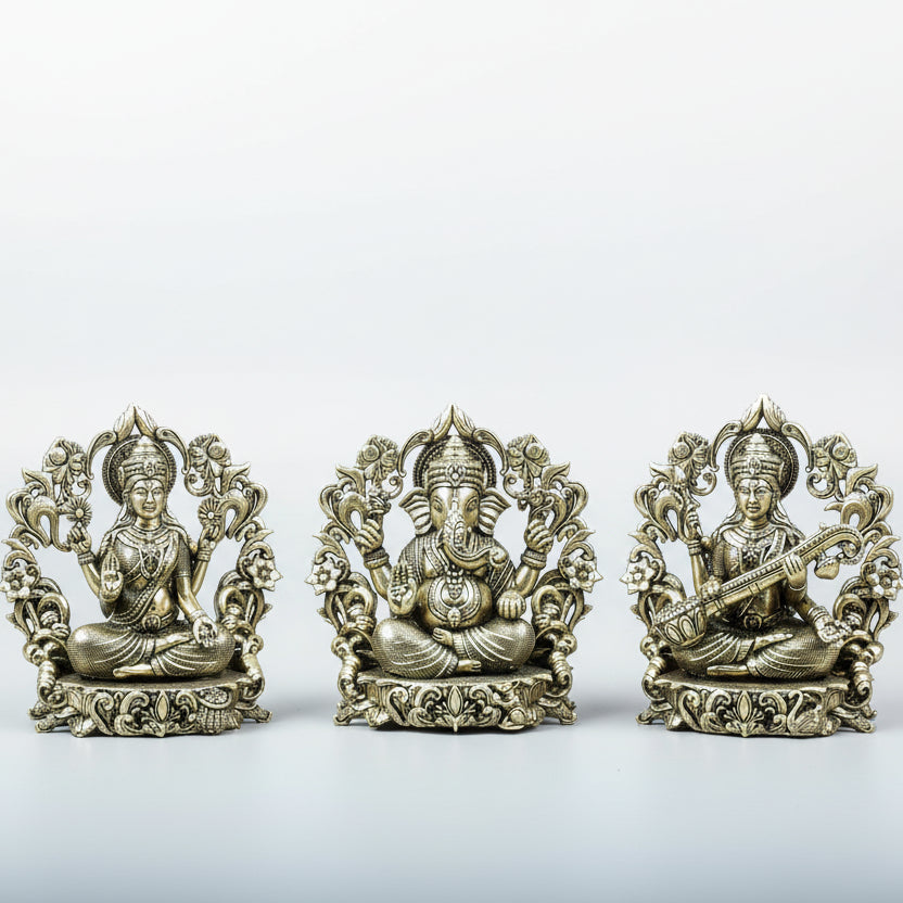 Lakshmi Ganesh Saraswati with Floral Frame Ashtadhatu Idols Set