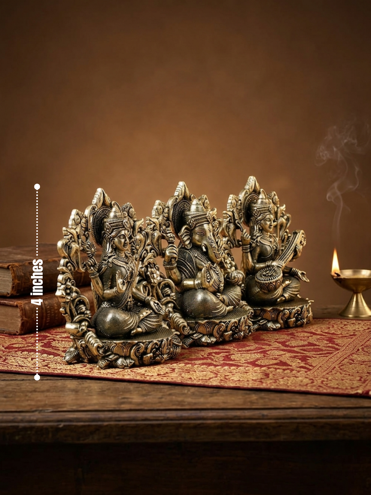 Lakshmi Ganesh Saraswati Floral Frame Ashtadhatu Idols Set Energised Divine Trio