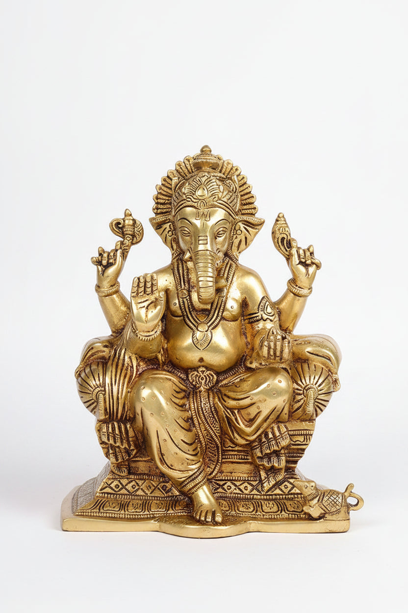 Lalitasana Pose Ganesha Brass Statue 9 Inch Handcrafted Royal Seated Ganpati Idol for Home Temple and Premium Gifting